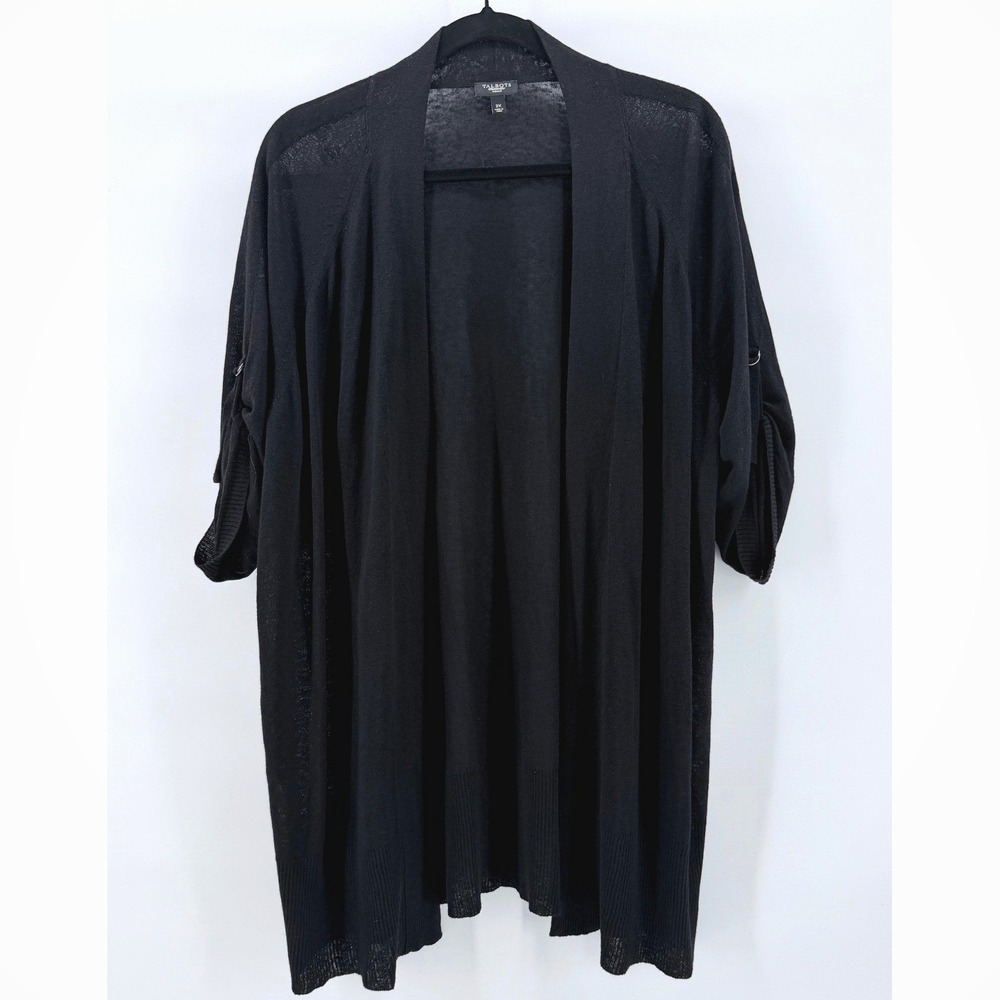 Talbots EASE + AIR Cardigan Womens 2X Black Open Front Roll Tab Sleeve Plus